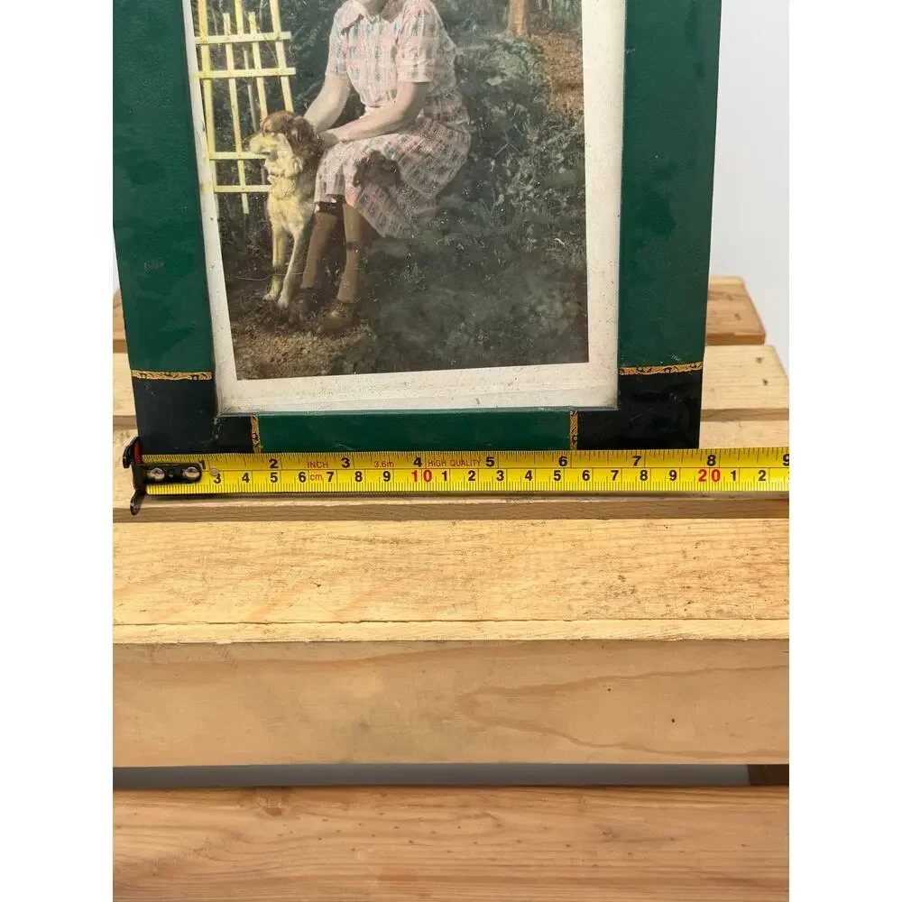 Vintage Hand-Tinted Woman & Dog Portrait in Green Leatherette Frame - 8”x10”